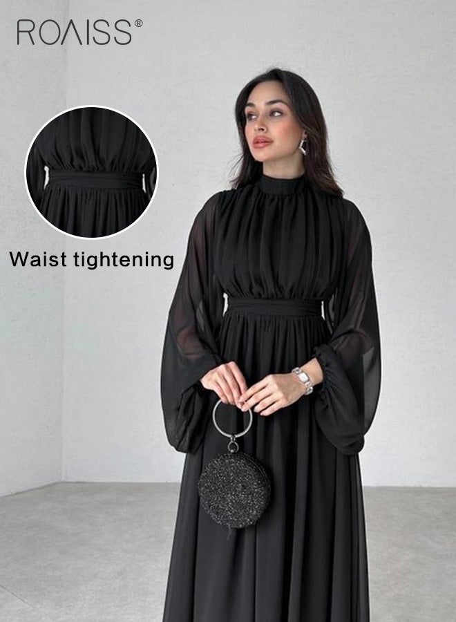 رويس فستان شيفون أنيق للنساء، تصميم عصري متعدد الاستخدامات، بياقة واقفة وأكمام واسعة وخصر عالٍ، مثالي للمناسبات والحفلات، يجمع بين الرقي والأناقة في قطعة واحدة، باللون الأسود. - Image 3